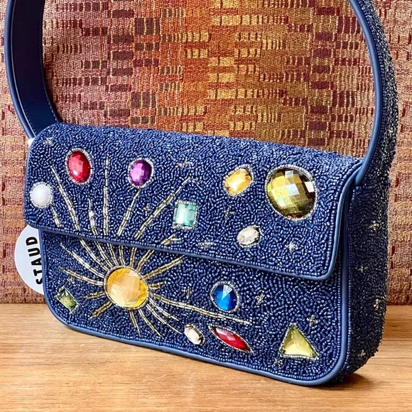 🌺🎉HP🎉🌺 NWT Staud Beaded Tommy Shoulder Bag Navy Celestial 🌟 Rare 🌟 - Picture 2 of 16